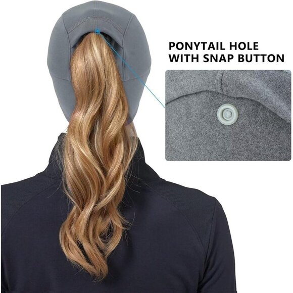 〽️Women\'s Light Grey Winter Reflective Fleece Ponytail Hat with Ear Warmers